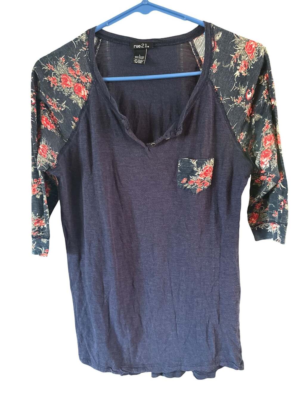 Rue21 Henley Shirt Size L Navy Blue Floral Print Sleeves Pocket